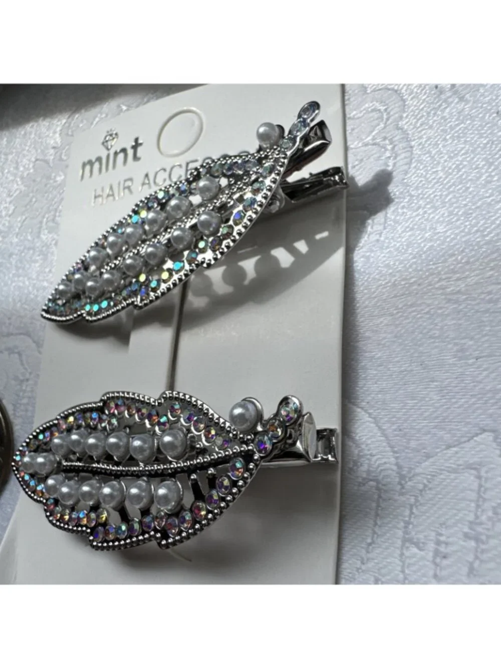 Silver Pearl Hair Clips Clamp Metal Alligator Claw Bling Crystal Rhinestone 2.5